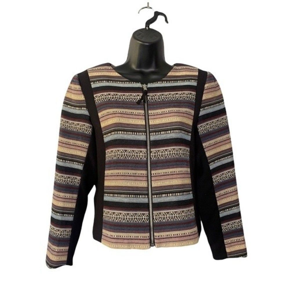  H&M Blazer Women’s Size 10 Preppy Collarless Tapestry Texture Full Zip Jacket